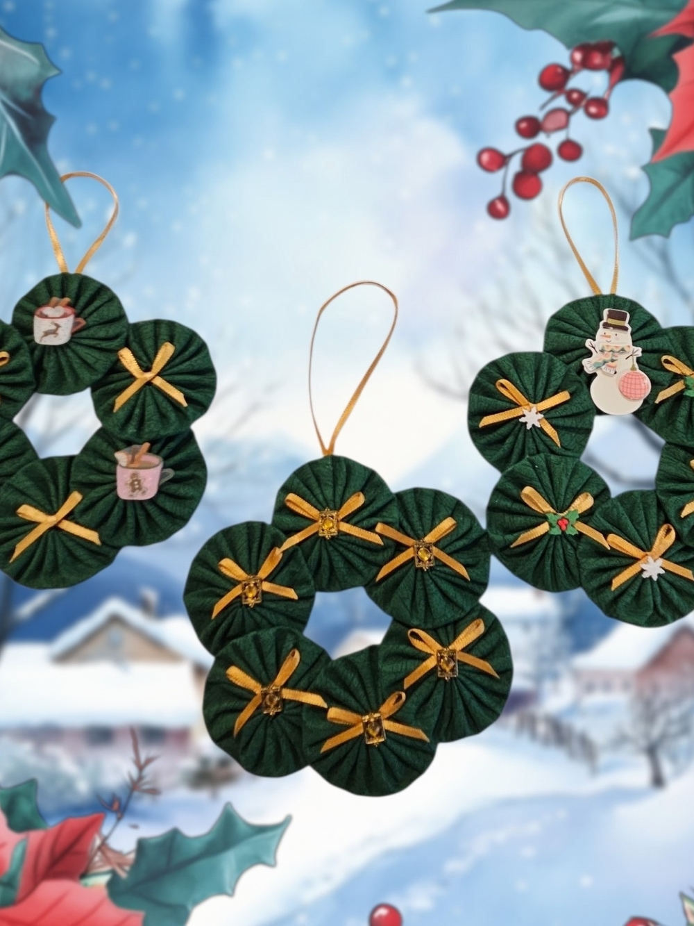 Hand Sewn Christmas Fabric Yo Yos, Set of 31,  2 Inches Wide,  4 Fabrics - Picture 14 of 15
